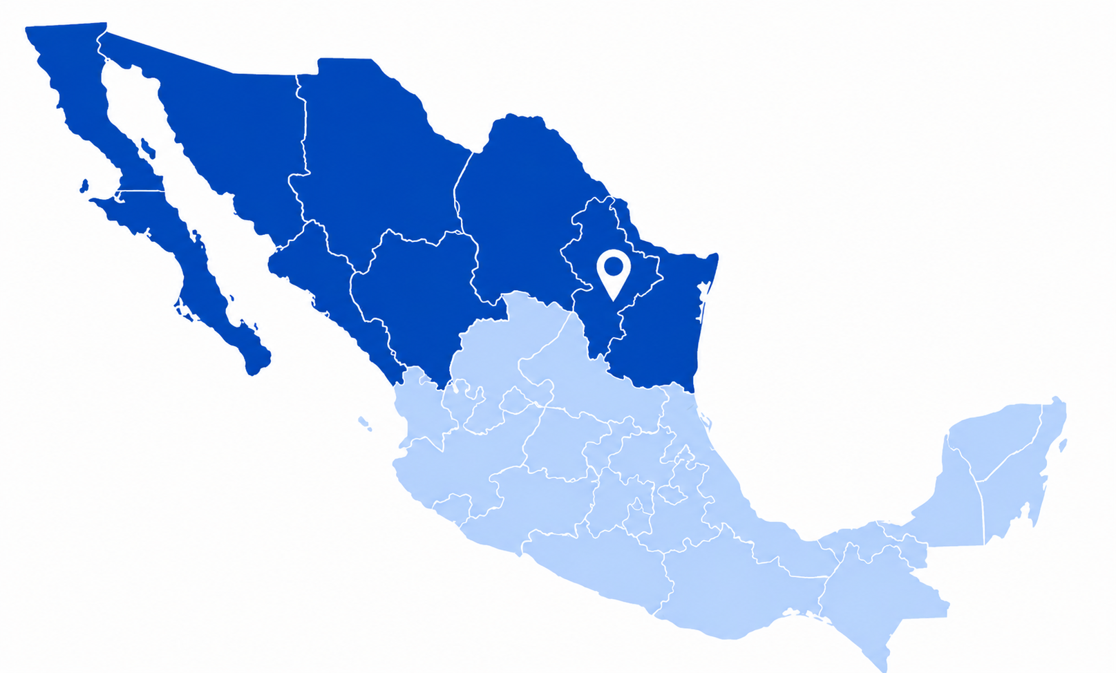 Mapa de cobertura nacional con enfoque en el norte de México y sede en Nuevo León